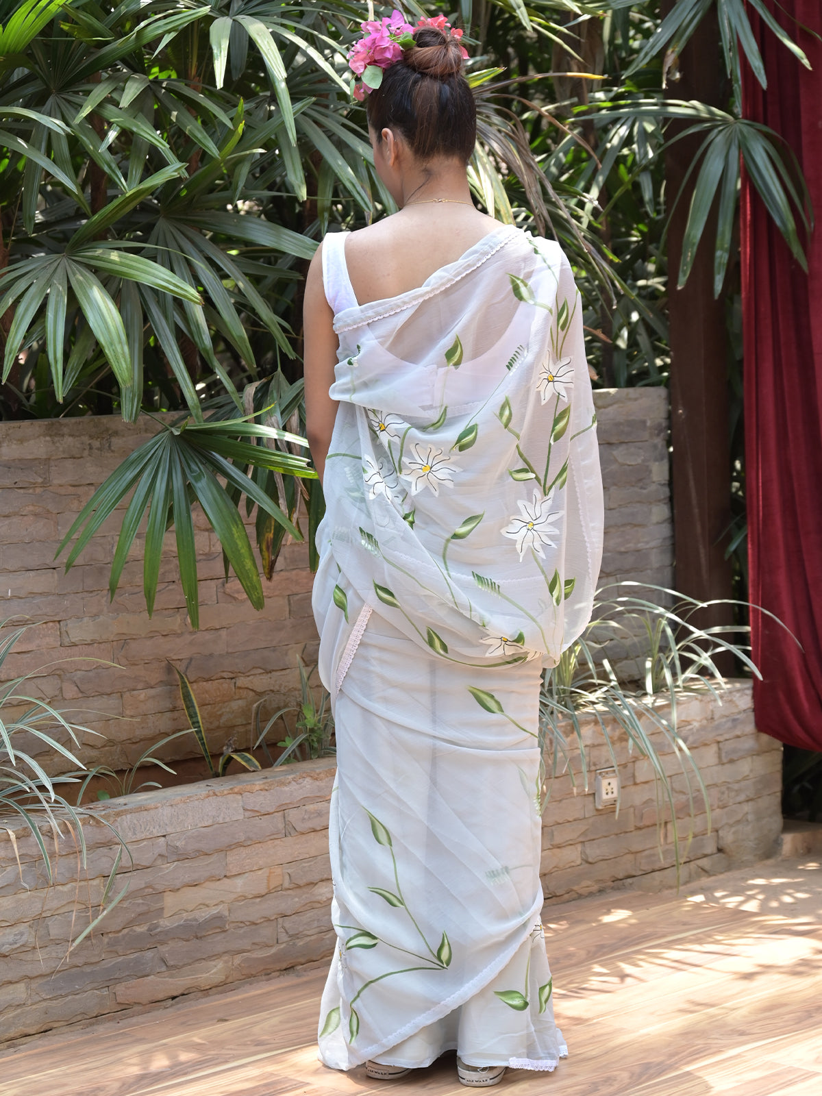 Odette Grey Printed Chiffon Saree with Unstitched Blouse for Women