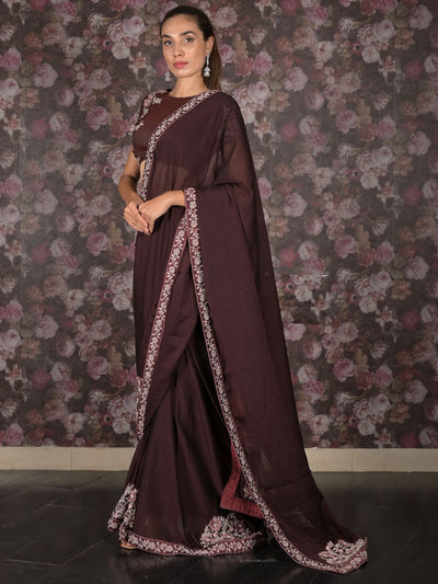 Odette Burgundy Georgette Embroidered Saree With Stitched Blouse For Women