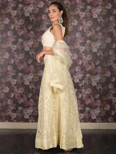 Odette Off White Embroidered Net Semi-Stitched Lehenga with Unstitched Blouse for Women