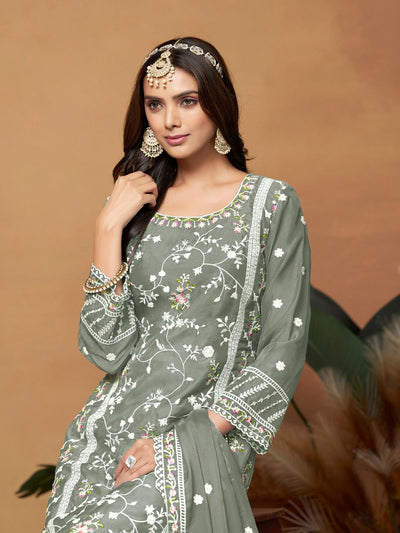 Odette Grey Embroidered Semi Stitched Kurta Set For Women