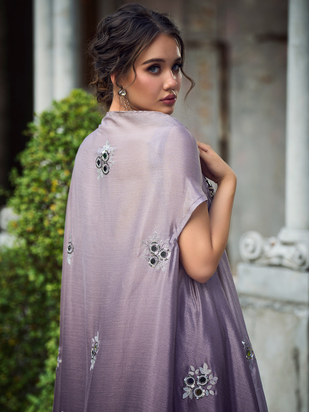 strapless open back dress Odette Women Purple Chinon Semi Stitched Indo-Western Dress