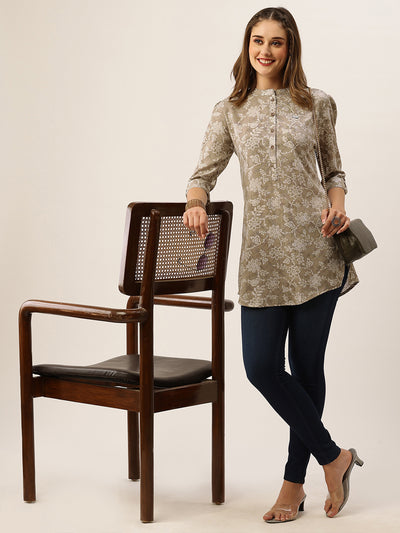Odette Brown Printed Rayon Stitched Short Kurta For Women