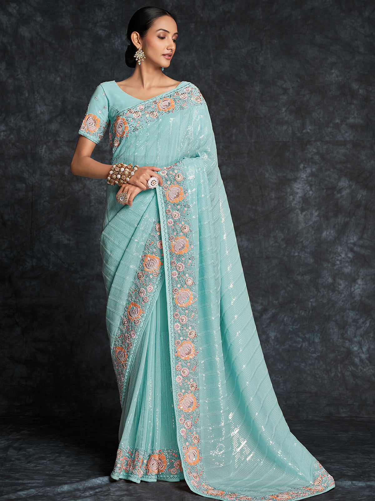 Odette Sea Green Embroidered Georgette Saree With Unstitched Blouse For Women