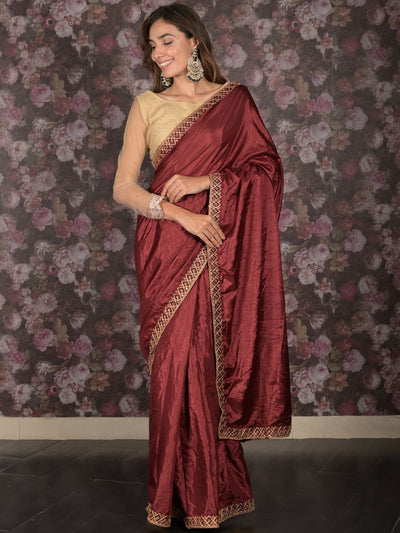 Odette Maroon Embroidered Silk Blend Saree with Unstitched Blouse for Women