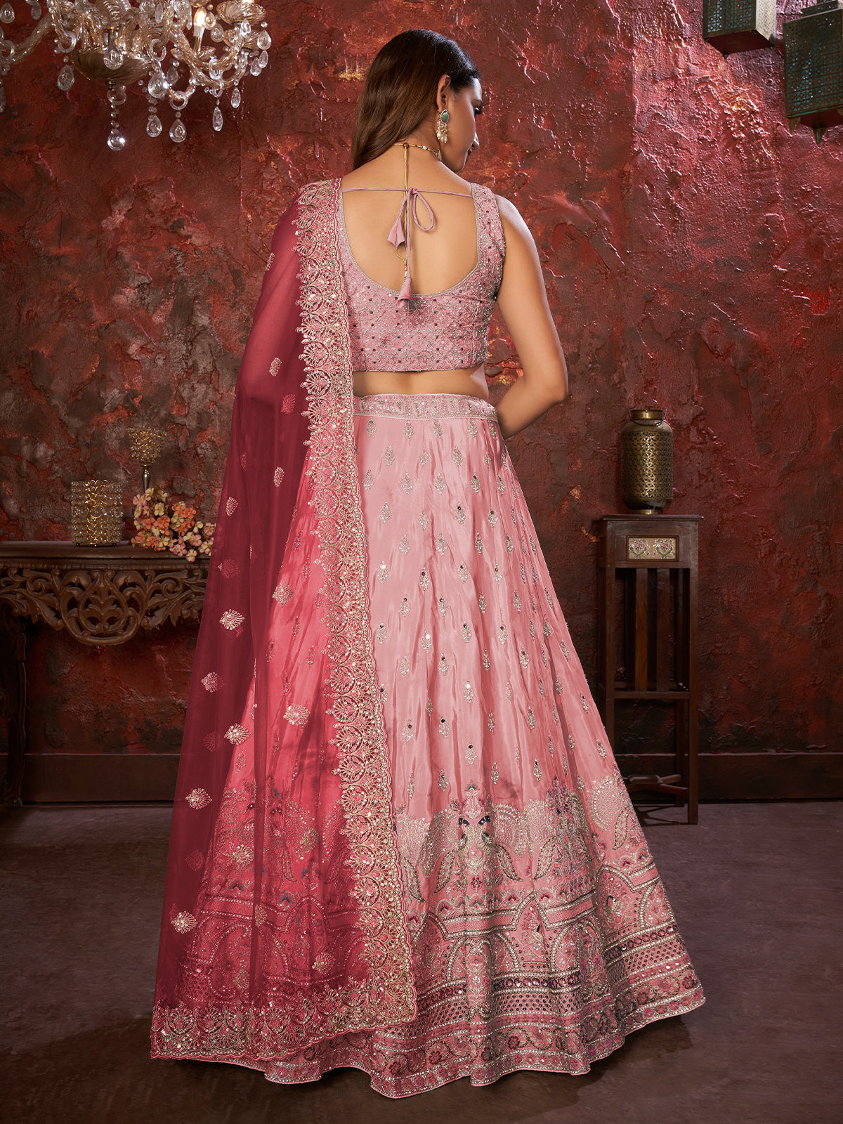 Odette Pink Net Embellished Semi Stitched Lehenga With Unstitched Blouse for Women