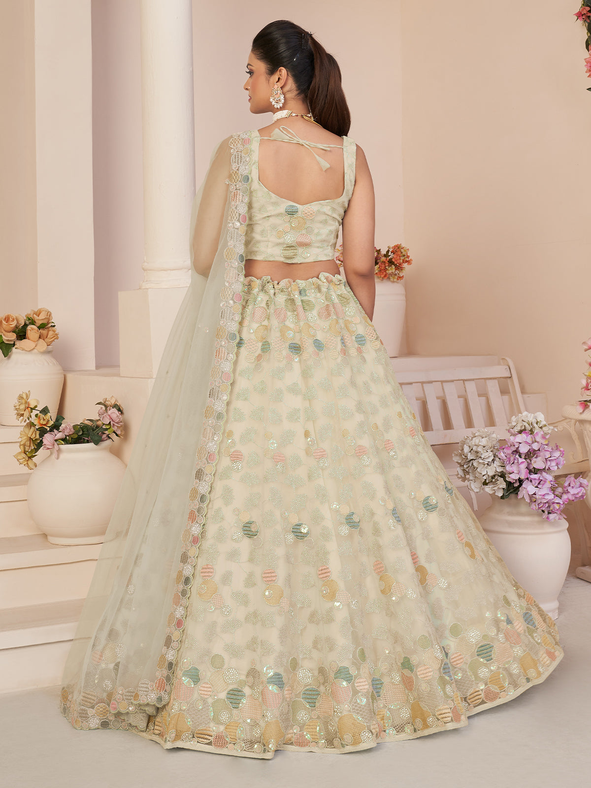 Odette White Net Embellished Semi Stitched Lehenga With Unstitched Blouse for Women