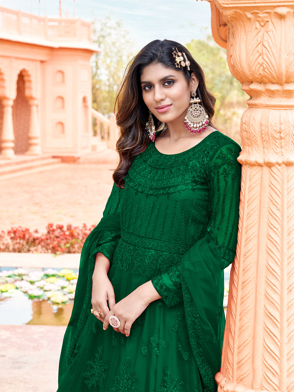 Odette Green Net Embroidered Semi stitched Kurta Set With Inner For Women