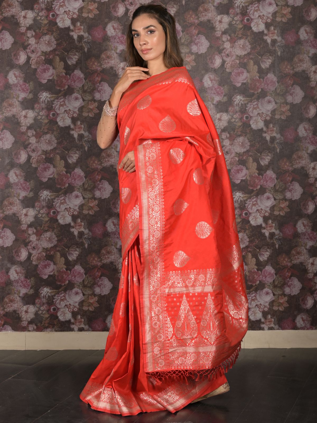 Odette Red Silk Blend Brocade Saree with Unstitched Blouse for Women