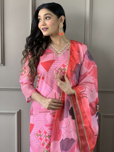 Odette Pink Viscose Printed Stitched Kurta Set For Women