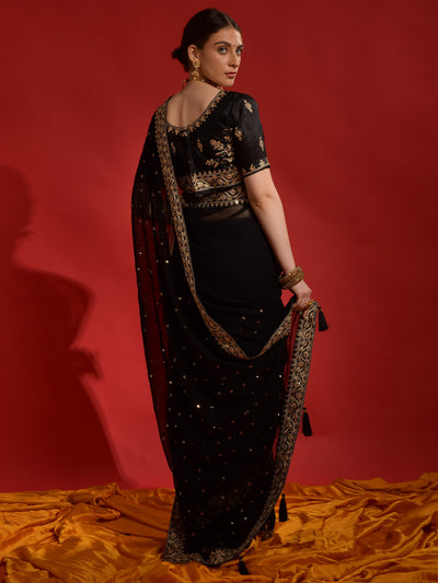 Odette Black Embroidered Georgette Saree With Unstitched Blouse For Women