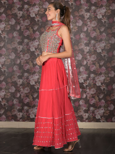 Odette Pink Mirror and Sequins Embroidered Georgette Stitched Lehenga with Stitched Blouse for Women