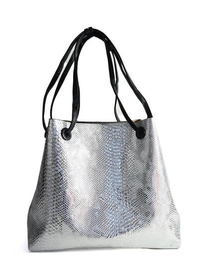 Odette Silver PU Textured Tote Bag For Women