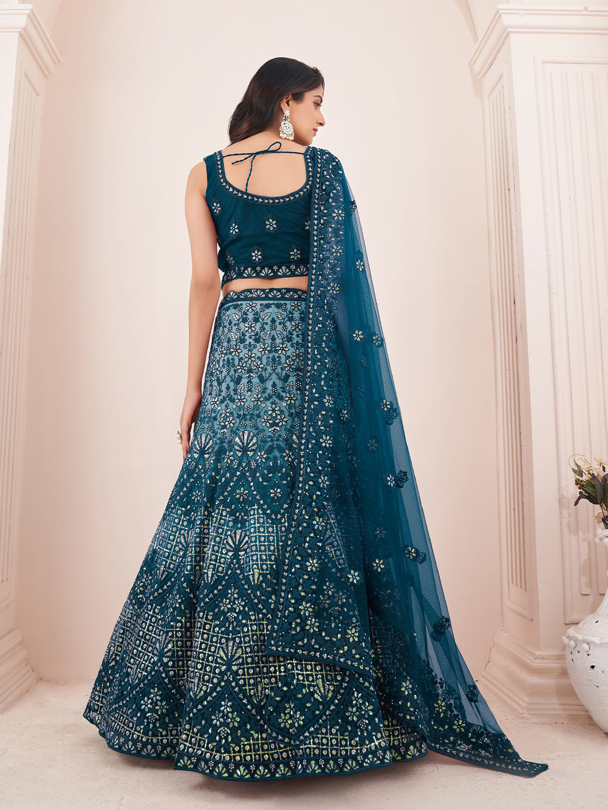 Odette Blue Net Embroidered Semi Stitched Lehenga With Unstitched Blouse for Women
