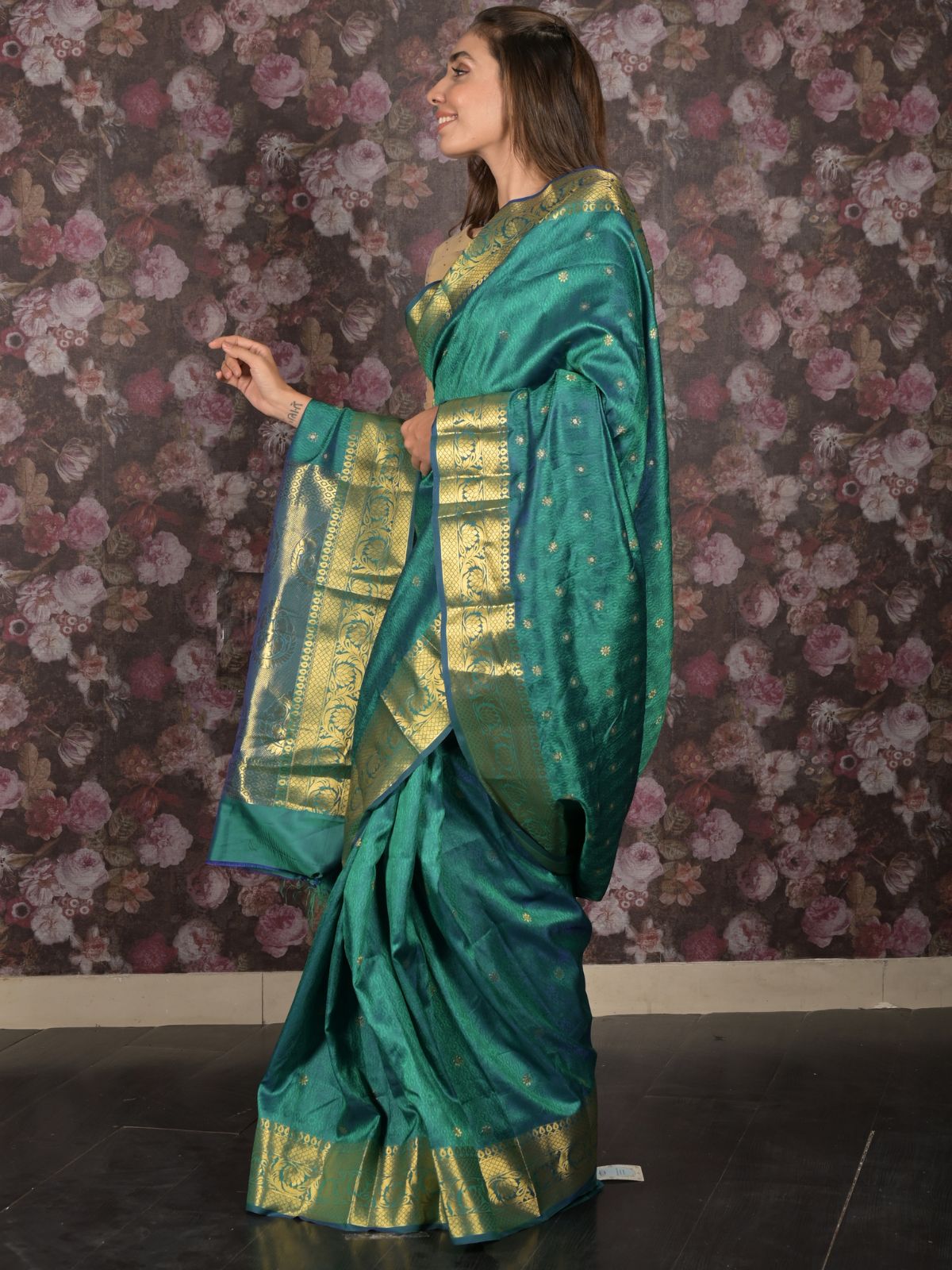 Odette Blue and Green Silk Blend Double Shaded Woven Saree with Unstitched Blouse for Women