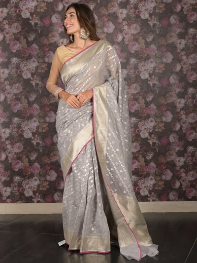 Odette Grey Woven Silk Blend Saree With Unstitched Blouse For Women