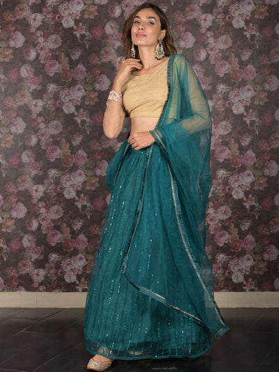 Odette Teal Sequins Embroidered Net Semi-Stitched Lehenga with Unstitched Blouse for Women