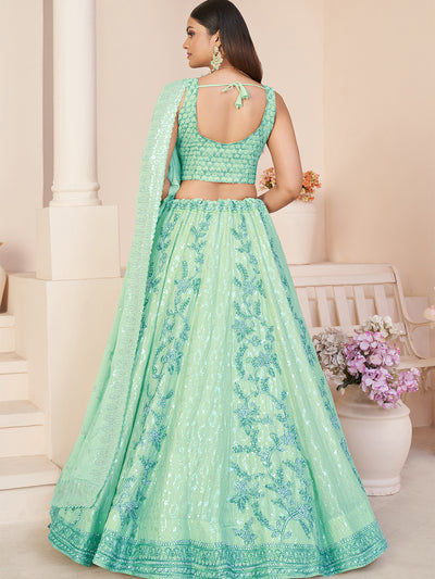 Odette Turquoise Georgette Embellished Semi Stitched Lehenga With Unstitched Blouse for Women