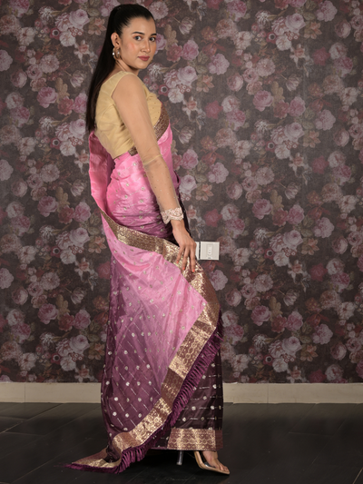 Odette Purple Shimmer Embellished Shaded Crepe Saree with Unstitched Blouse for Women