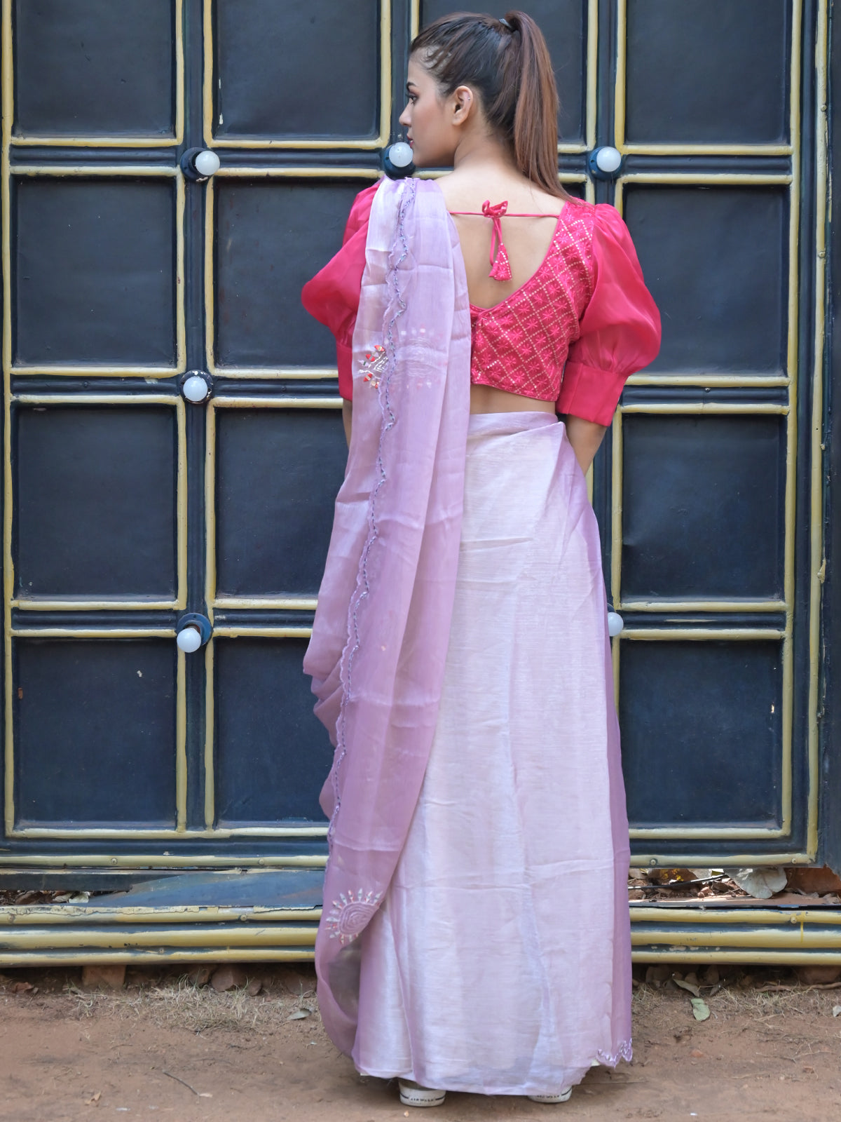 Odette Light Pink Mirror Work Embroidered Saree with Unstitched Blouse for Women