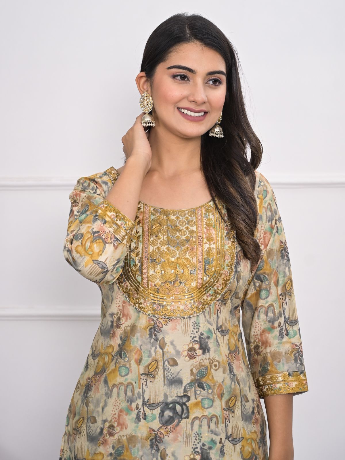 Odette Mustard and grey Chanderi Embroidered And Printed Stitched Kurta Set Without Dupatta For Women