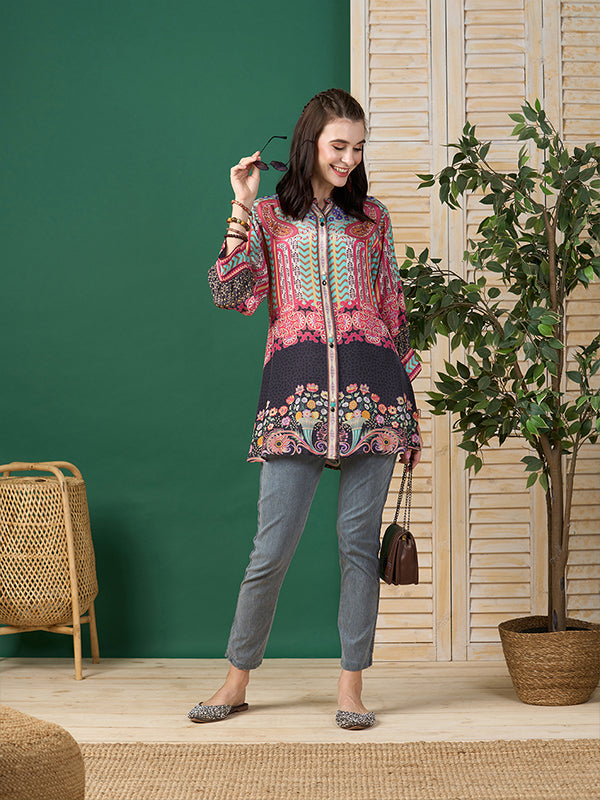 Odette Multi Color Printed Crepe Stitched Short Kurta For Women