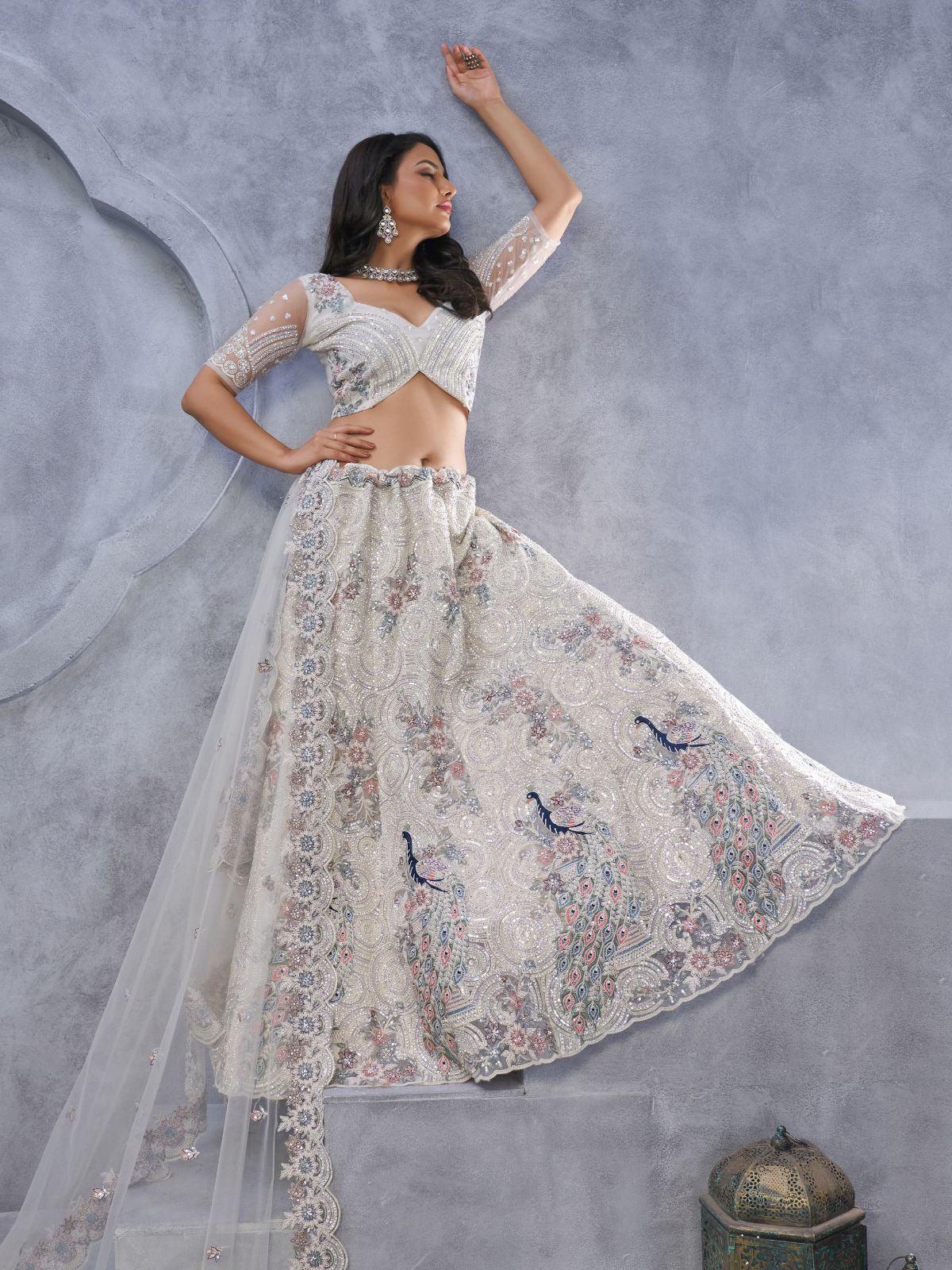 Odette White Soft Net Embellished Semi-Stitched Lehenga With Unstitched Blouse For Women