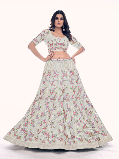 Odette White Embroidered Soft Net Semi Stitched Lehenga With Blouse For Women