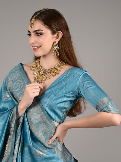 Odette Women Blue Silk Blend Woven Saree With Unstitched Blouse