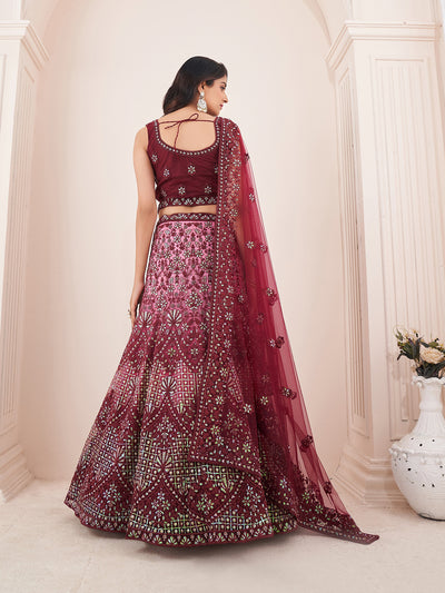 Odette Maroon Net Embroidered Semi Stitched Lehenga With Unstitched Blouse for Women