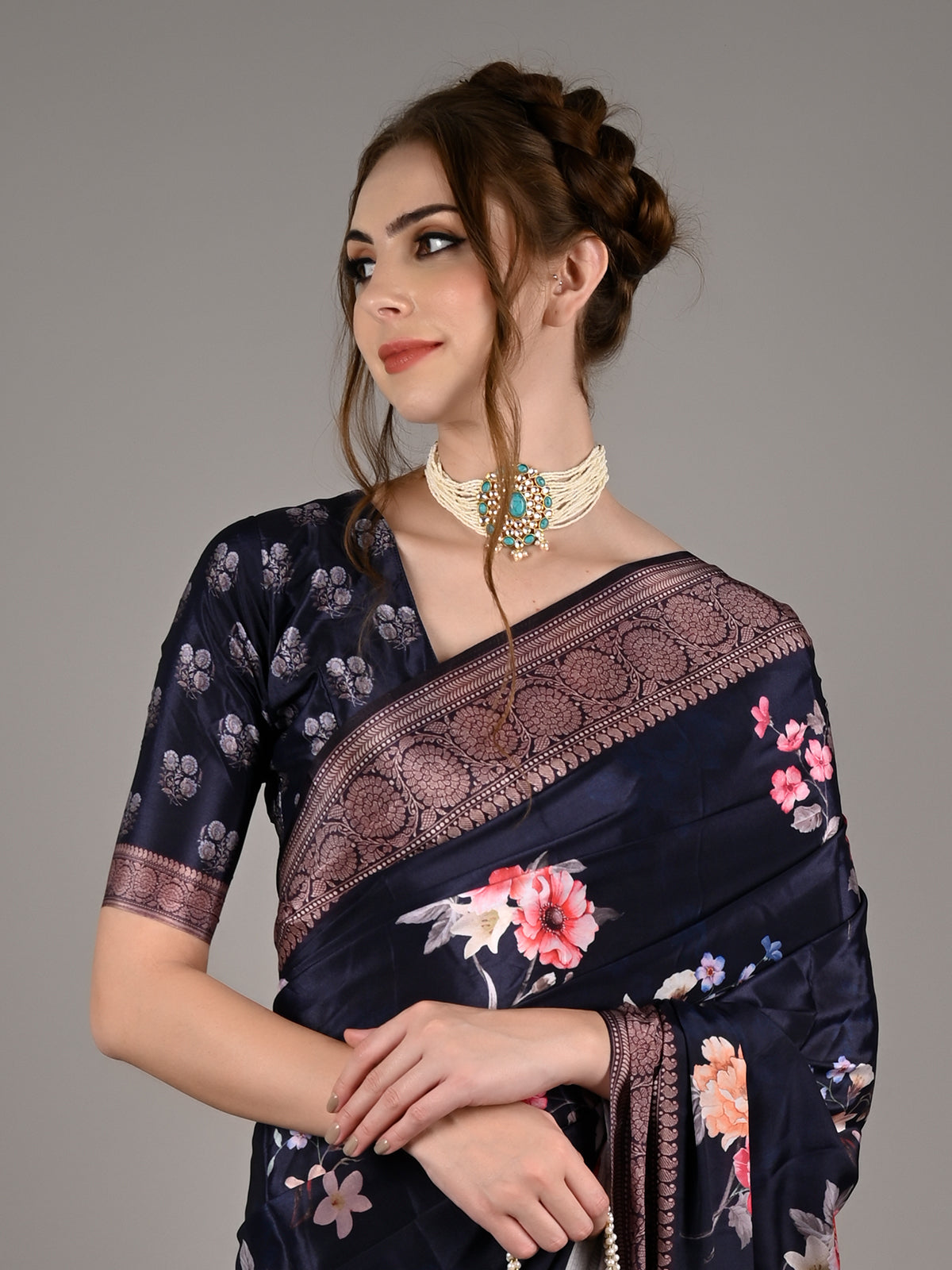 Dark Blue Silk Crepe Floral Printed Saree With Unstitched Blouse