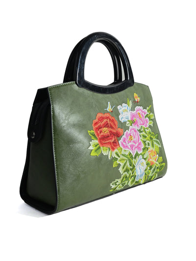 Odette Green PU Embroiderd Hand Bag For Women