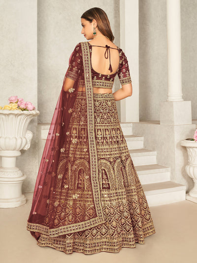 Odette Maroon Organza Blend Embroidered Semi Stitched Lehenga With Unstitched Blouse for Women