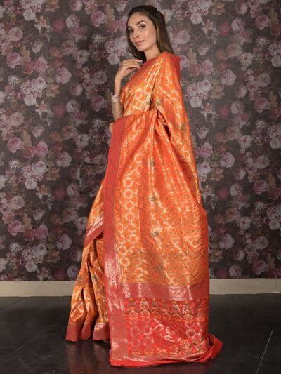 Odette Orange Patola Silk Woven Saree with Unstitched Blouse for Women