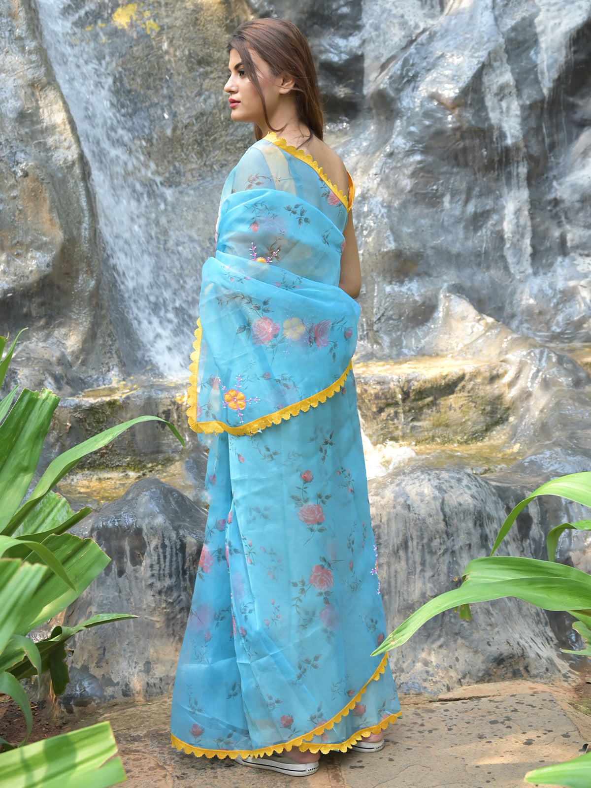 Odette Light Blue Floral Printed Organza Saree with Unstitched Blouse for Women