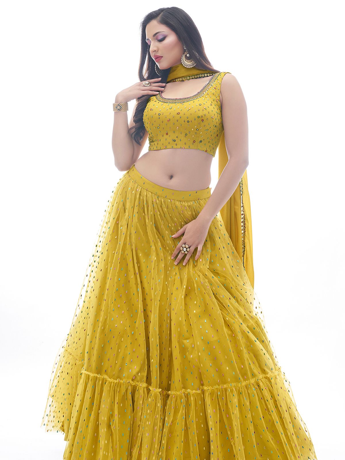 Odette Mustard Chinon Embellished Stitched Lehenga With Stitched Blouse For Women