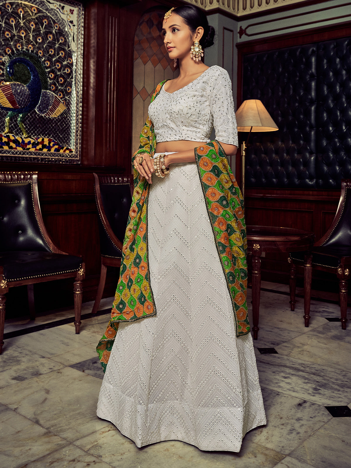 Odette Women White Embroidered Georgette Semi Stitched Lehenga With Blouse Piece