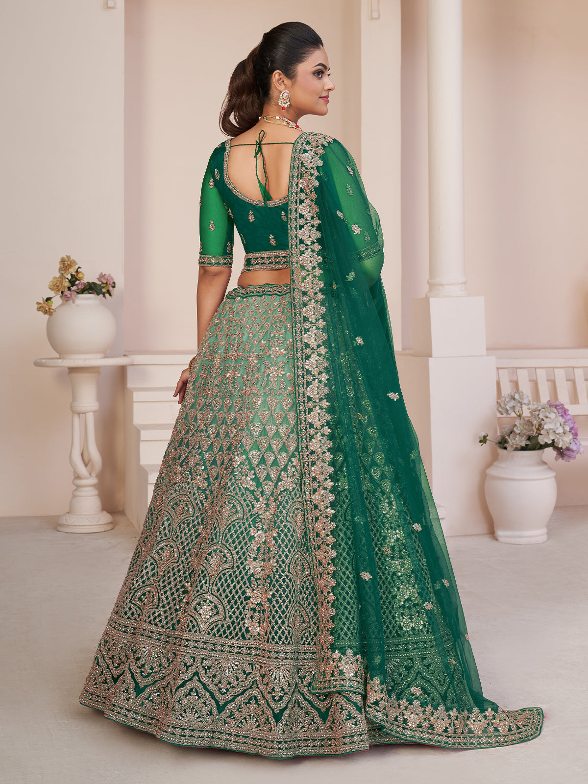 Odette Green Net Embellished Semi Stitched Lehenga With Unstitched Blouse for Women