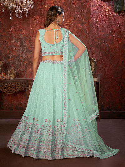 Odette Sky Blue Georgette Embellished Semi Stitched Lehenga With Unstitched Blouse for Women