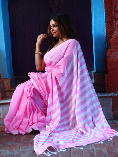 Odette Pink Cotton  Saree  With Unstitched Blouse for Women