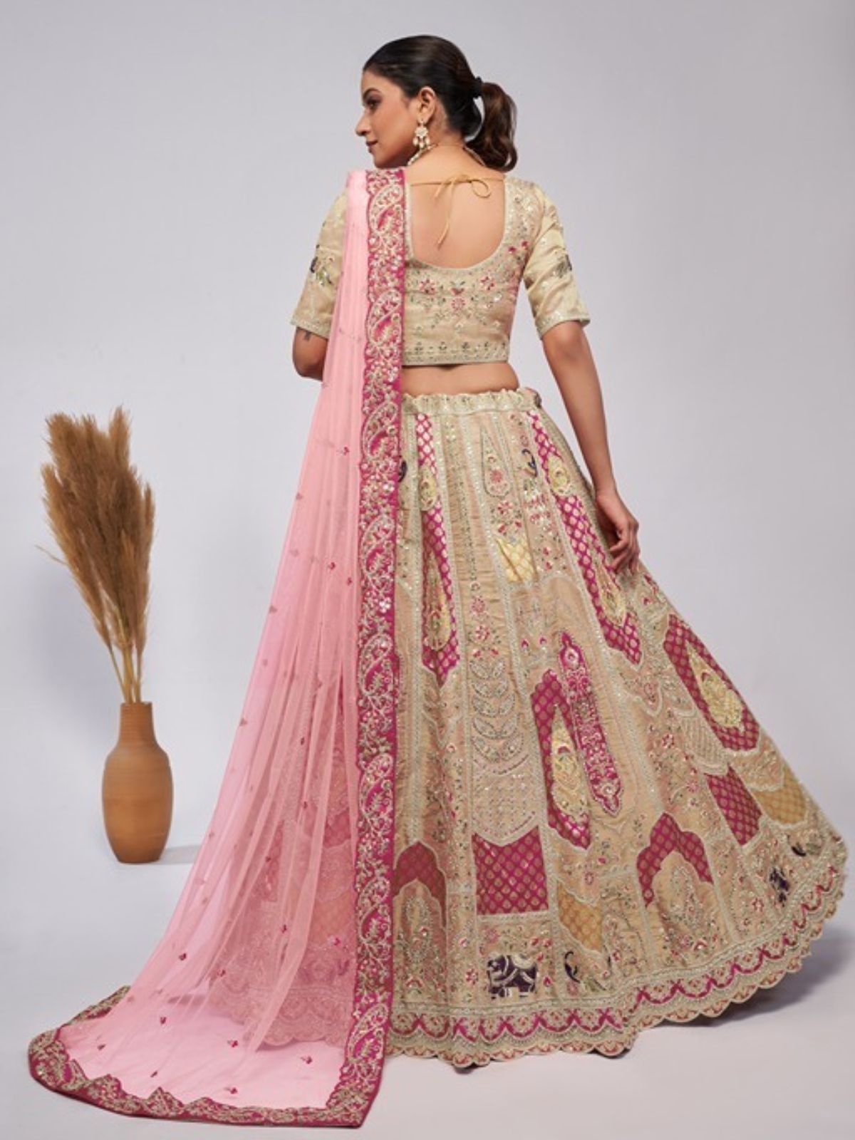 Odette Gold Organza Embellished Semi-Stitched Lehenga With Unstitched Blouse For Women