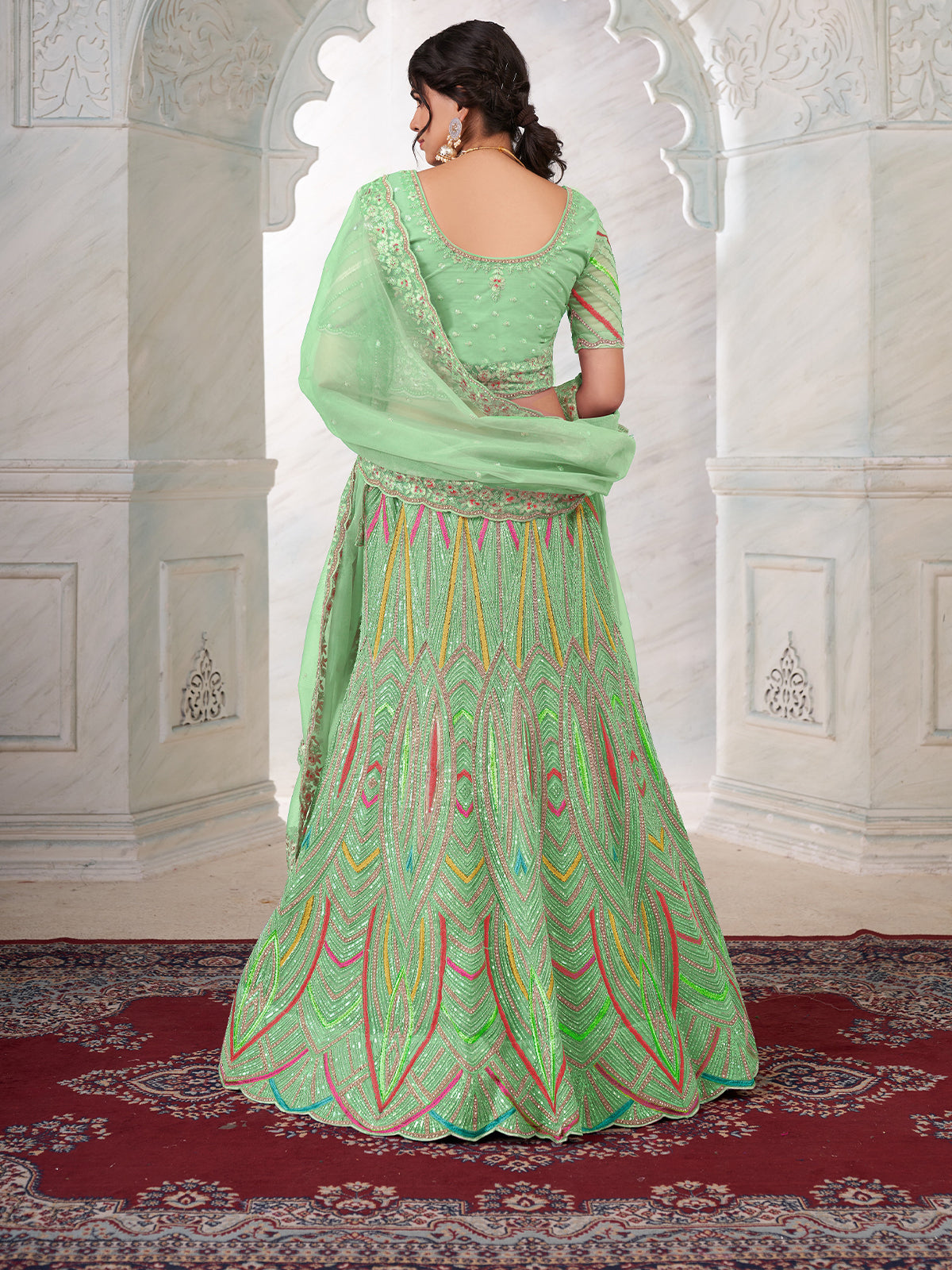 Odette Green Net Embroidered Semi Stitched Lehenga With Unstitched Blouse for Women