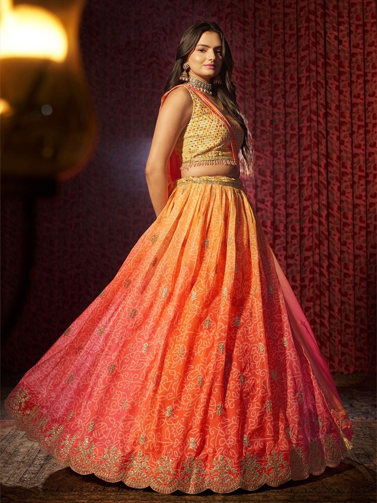 Odette Orange Organza Embroidered Semi-Stitched Lehenga For Women