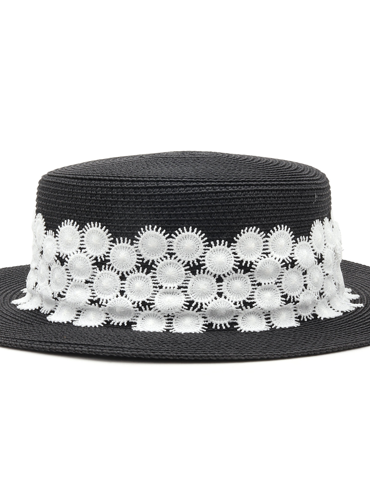 Odette Black and White Embellished Straw Boater Hat for Women