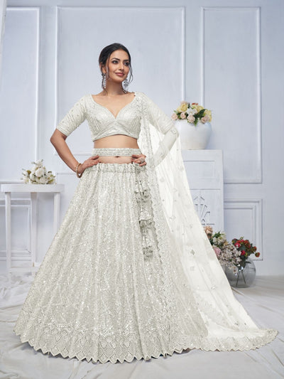 Odette White Soft Net Embellished Semi-Stitched Lehenga With Unstitched Blouse For Women