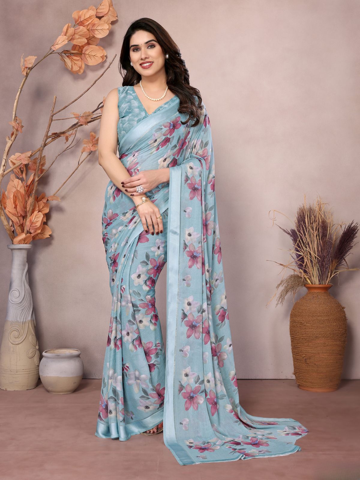 Odette Light Blue Satin Printed Saree With Unstitched Blouse For Women