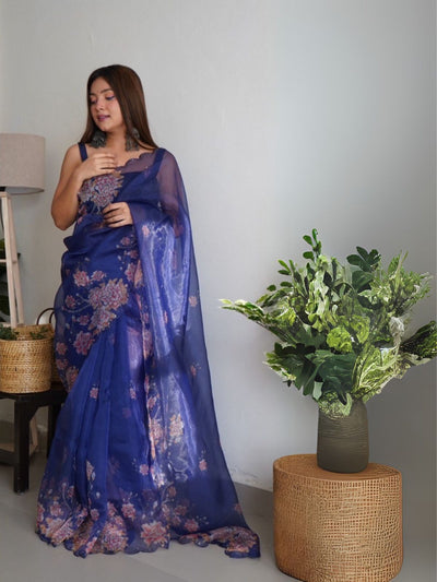 Odette Royal Blue Organza Printed Saree With Unstitched Blouse For Women