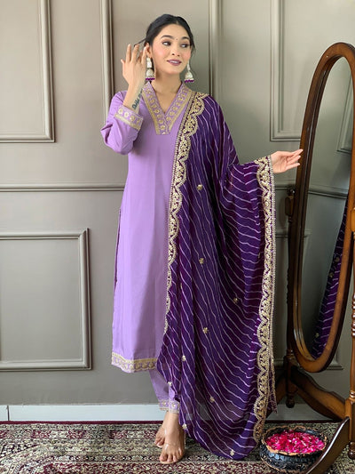 Odette Lavender Silk Blend  Embroidered Stitched Kurta Set for Women