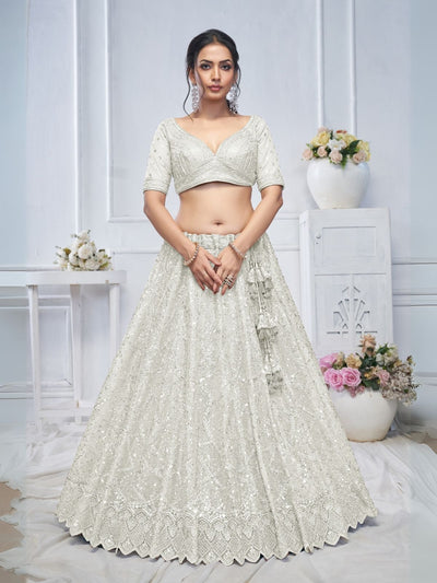 Odette White Soft Net Embellished Semi-Stitched Lehenga With Unstitched Blouse For Women