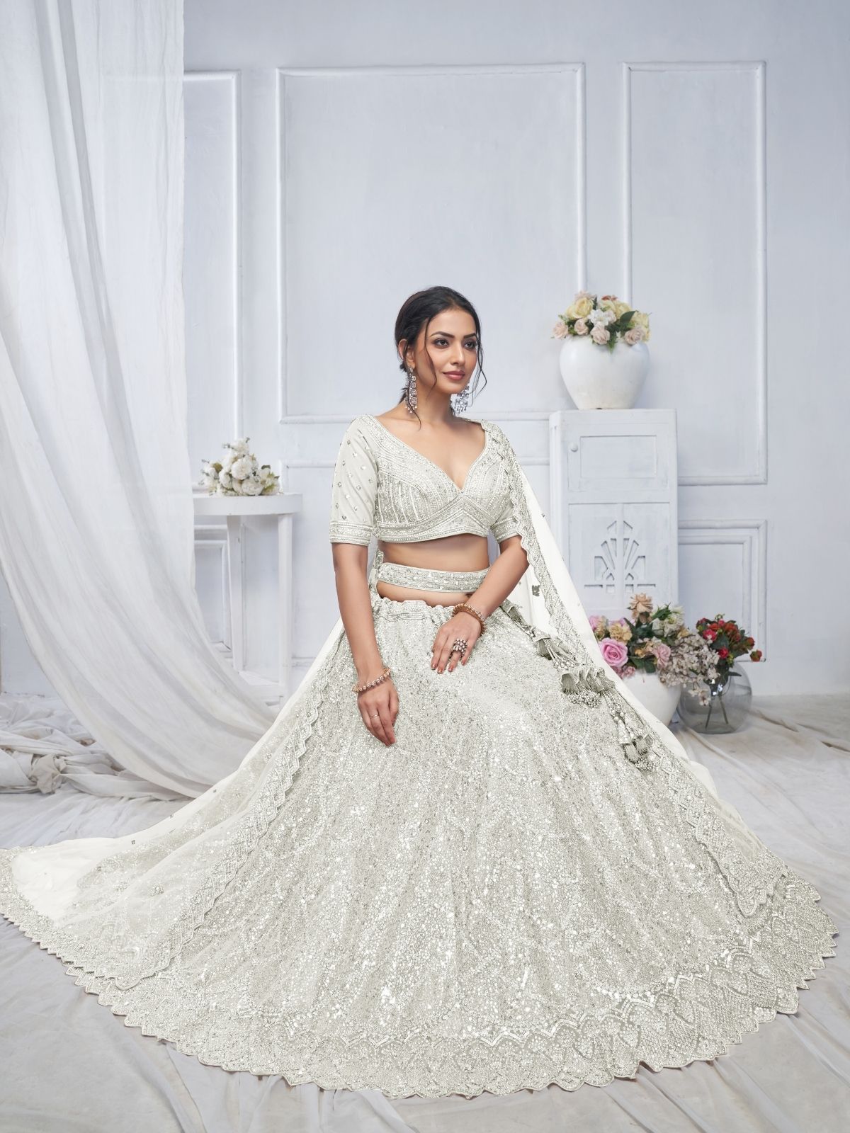 Odette White Soft Net Embellished Semi-Stitched Lehenga With Unstitched Blouse For Women