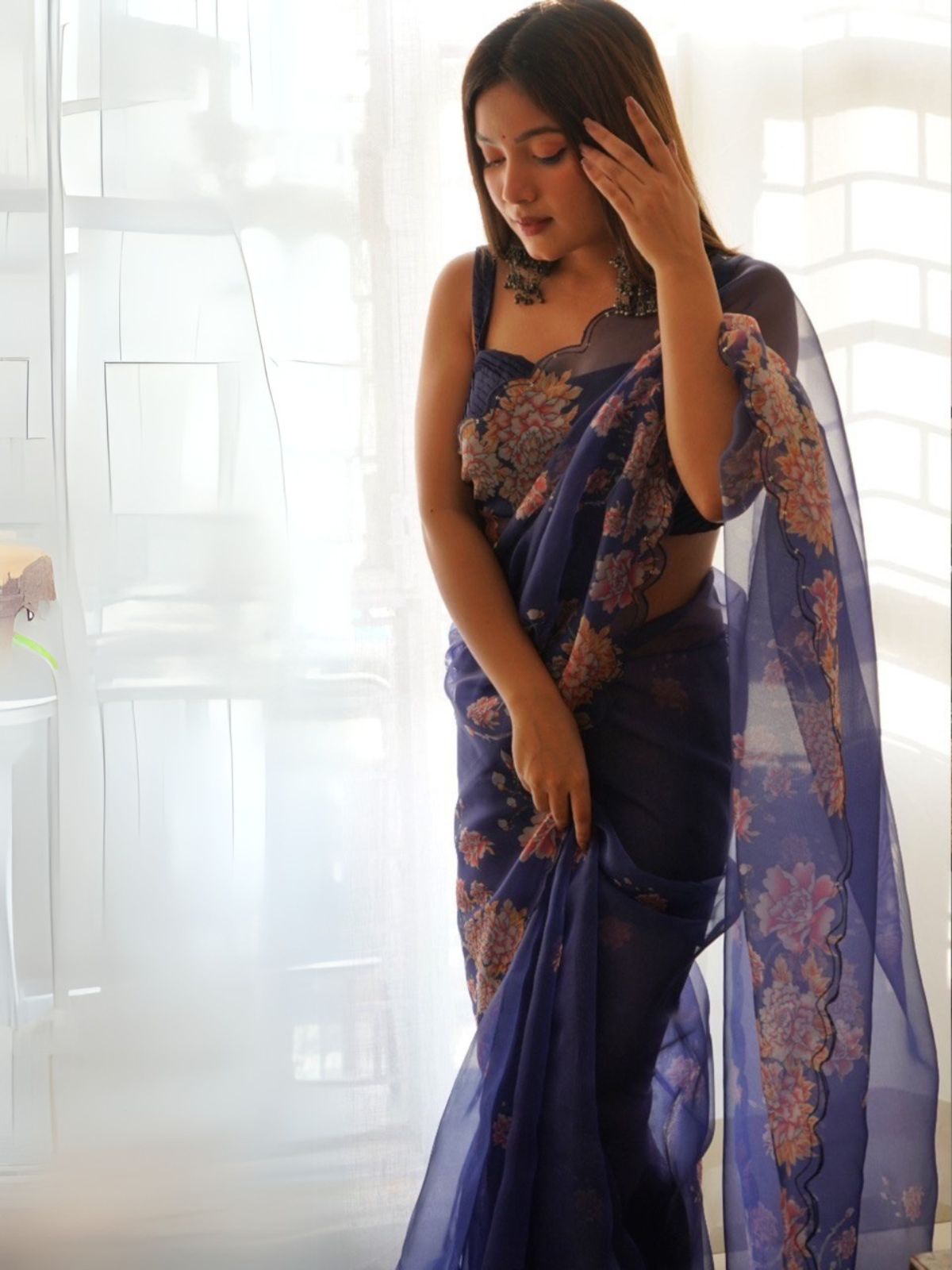 Odette Royal Blue Organza Printed Saree With Unstitched Blouse For Women